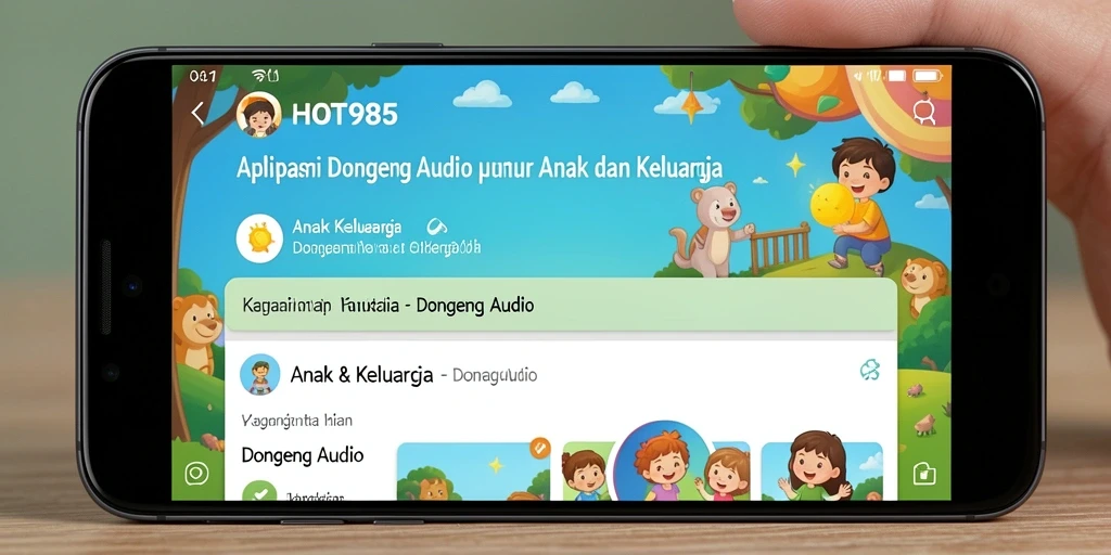 Antarmuka aplikasi HOT985 yang menarik dan mudah digunakan untuk dongeng audio.
