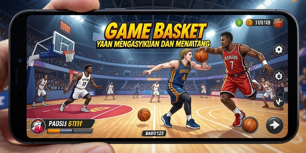 Tampilan antarmuka dengan aksi permainan basket yang seru.