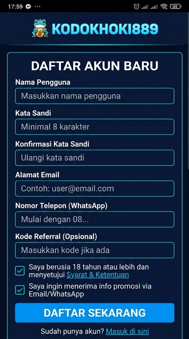 Cara Mudah Daftar Akun baru kodokhoki889 untuk Android